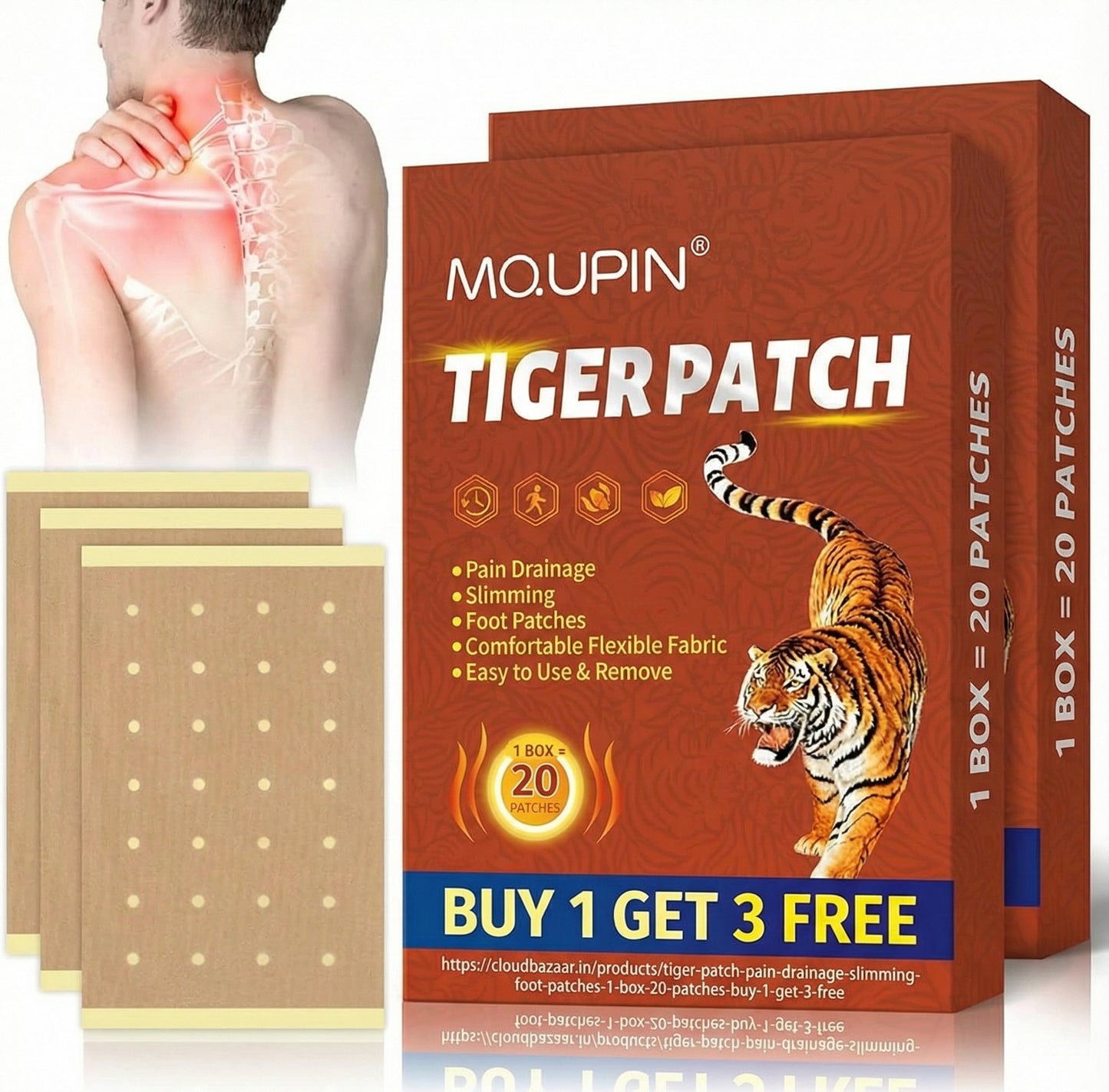 Tiger Patch Pain Drainage & Slimming Foot Patches (1 BOX = 20 PATCHES-BUY 1 GET 3 FREE)